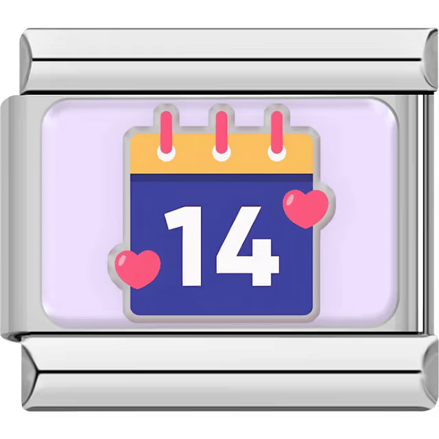 Silver charm with a Valentine’s Day calendar showing the number 14 and two pink hearts.